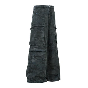 High Street Hipster Plus Size Men's Distressed Jeans Unique Punk Tie-Dye Camouflage Cargo Pants Straight Print High Pocket Waist