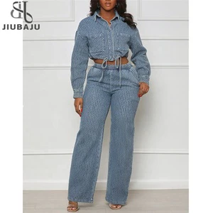 Elegant Denim Two Piece Set Women Long Sleeve Buttons Drawstring Jackets Crop Top Wide Leg Pants Jeans Suits Streetwear Outfit