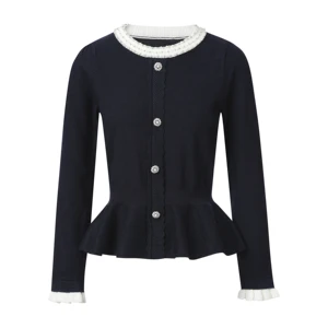 Women Rhinestone Collar Knit 2 Piece Set Elegant Peplum Long Sleeve Top Midi A Line Skirt Office Commuter Knitted Suit