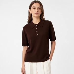 Womens Brown Knit Polo Top Short Sleeve Collared Button Placket Solid Color Casual Knitwear