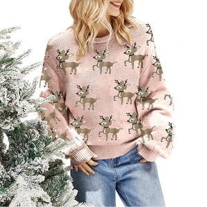 Christmas Sweater Women Knit Pullovers Crewneck Collar Knit Sweater Coat Long Sleeve Casual Buttons Knit Top