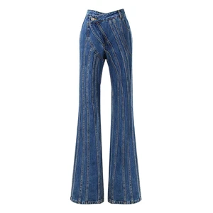 Women's Eco-Friendly Breathable High Waist Wide Leg Bell Bottom Denim Jeans Solid Vintage Summer Casual Blue
