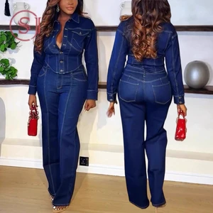 J6028 Women's Fashion Matching Set Collared Long-Sleeve Jacket & Wide-Leg Jeans 2-Piece Denim Set Ladies Streetwear Set