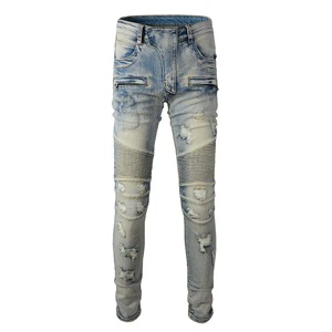 Wholesale Vintage Biker Men's Jeans Cotton Slim Fit Motorcycle Stretch Ripped Damage Stacked Skinny Moto Denim Trousers 979