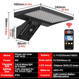 New 104 LED Beads Color Temperature Adjustable Motion Sensor Remote Control Waterproof Battery Operated Garden Solar Wall Lamp