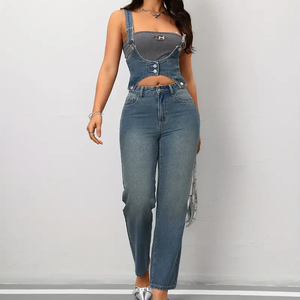 Stylish Design Blue High-waisted Casual Denim Overalls Set Detachable Straps Underwaist Trouser Denim Women Jeans Pant