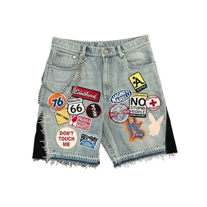 Men's Y2K Retro Patchwork Mid Denim Shorts Blue Loose Fit Casual Fitness Quick Dry Hip Hop Cartoon Graphics Button Summer Jort