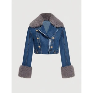 Customizable Women's Blue Denim Jacket Stylish Long Sleeve with Big Pockets Varsity and blazer Women Coat Jacket