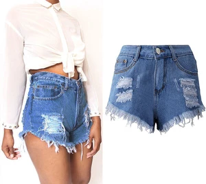 Plus Size Summer Woman Sexy Ripped Denim Shorts High Waist Irregular Tassel Slim Shorts Jeans