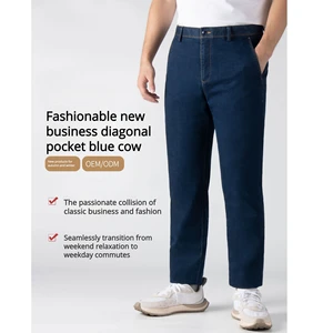 OEM Business Men Trousers Jeans Deep Blue Small Feet Diagonal Pockets Button Winter Ready Straight Style Custom Men's Jeans