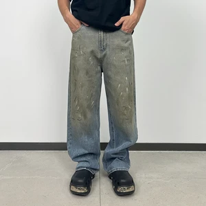 Men'S Straight Denim Jeans 100% Cotton High Quality Casual Style Cargo Pants Mid Waist Enzyme Wash