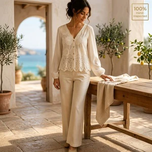 Women French V Neck Floral Lace Patchwork Blouse Puff Long Sleeve Button Down Cardigan Elegant Casual Shirts Tops