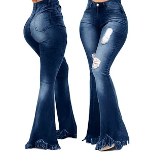 Plus Size Women's Mid Waist Flare Jeans Dark Blue Ripped Distressed Frayed Hem Loose Fit Full Length Casual Style Button Fly