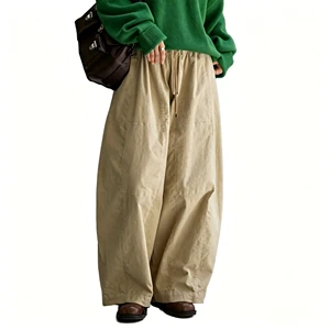 Custom OEM High Waist Wide Leg Casual Streetwear Solid Color Loose Fit Full Length Drawstring Trousers With Pockets Women Pants