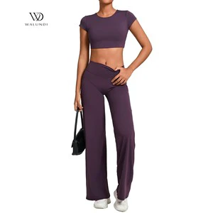 Yoga Set Solid Waterproof Custom Hollow-back Short-sleeve Belt Bra Pads Straight-leg Wide-leg Pants Soft Casual Sports Fitness