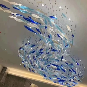 Custom Made Larger Modern Hand Blown Borosilicate Glass Fish Chandelier Lighting for Hotels and Restaurants