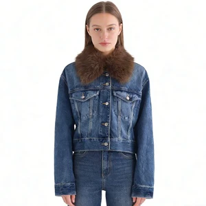 Women's Denim Jacket with Faux Fur Collar - Cropped Blue Jean Coat with Warm Fur Trim Sehe Fashion