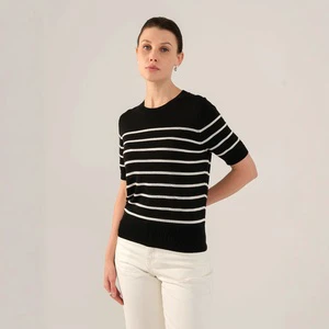 Neck Classic Striped Hand Woven Viscose/Polyester Knitted Short Sleeve 2025 Spring New Women's Casual Short Sleeve Pullover Top