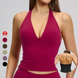 High Elasticity Halter Hollow Design Outdoor Running Fitness Sports Wear Women's V-neck Breathable Yoga Tank Top With Chest Pads
