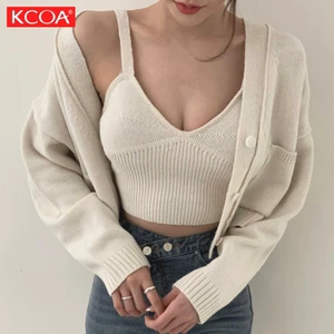OEM & ODM Custom Plain Plus Size Pullover Knitted Set Two Piece Sweater Set Crochet Knitted Cardigan Women's Sweater Vest