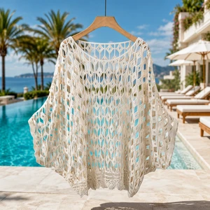 Boho Crochet Crew Neck Hollow-Out Batwing Sleeve Breathable Beach Cover-Up For Women Summer Regular Fit