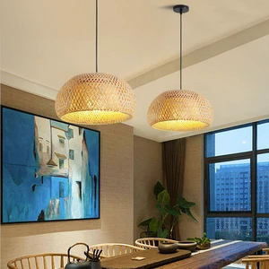Chinese Creative Bamboo Handmade Rattan Lighting Retro Weaving Pendant Lamp Restaurant Decoration Straw Hat Wooden Chandelier