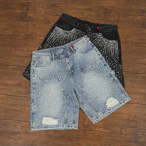 Distressed Denim Manufacturer Streetwear Custom Vintage Wash Rhinestone Jorts Men Baggy Jeans Shorts Men's Denim Shorts Jorts