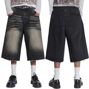Kodo Fashion Custom Men's Denim Shorts Vintage Washed Black Loose Low Rise Distressed Raw Edges Denim Baggy Jean Men's Shorts