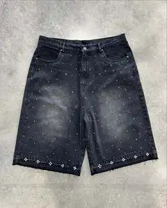 Custom Men'S Denim Shorts Streetwear Y2K Crystal Loose Baggy Vintage Washed Rhinestone Denim Shorts