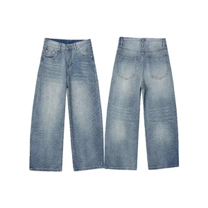 Wholesale Hot Vintage Knitted Mid Casual Pocket Decor Light Wash Denim Men's Straight-leg Jeans Summer Autumn Commute Outfit