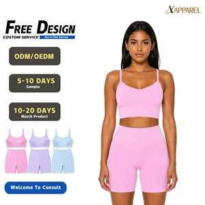 A&J OEM ODM Custom Logo High Quality Women Seamless Ribbed Activewear Set Crop Top Biker Shorts Yoga Gym Wear Manufacturer MOQ50