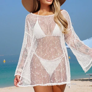 Sexy Side Slit Beach Cover up Loose Fit Hollow Out Bikini Cover up Lightweight Crochet Mesh Pullover for Vacation
