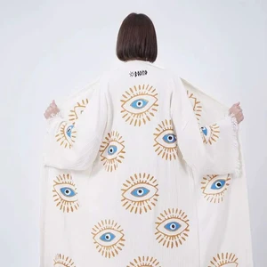 Elegant Oversize Beach Cover up Highest Selling Embroidered Long Sleeve Hand Embroidery Loose Fit and Flare Evil Eye Kaftan