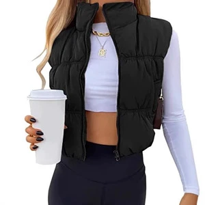 Women's Solid Color High Waist Zipper Sleeveless Vest Casual Short Top with Stand Collar