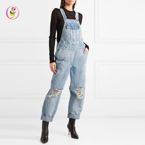 Custom Women Distressed Denim Overalls One Piece Casual Jumpsuit