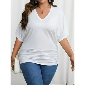 Women's Plus Size Casual T-Shirt Custom V-Neck Design Summer Short Sleeve Solid Color Tops New Arrival Wholesale