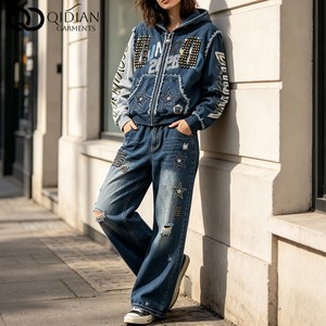 Manufacturer Custom Women Rivet Denim Hoodie Set Streetwear Retro Star Print Stone Washed Frayed Jean Jacket Wide Leg Pants OEM