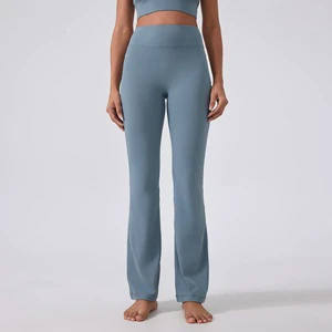 Wholesale Women's High Waist Washed Flared Yoga Pants No-Camel-Toe Peach Lift Wide Leg Gym Trousers Knee Length Drawstring