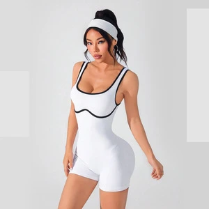 Customized Women One Piece High Waist Breathable Seamless Ribbed Yoga Set Jumpsuit Running Fitness Sports Jumpsuit