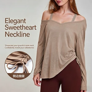 Women's Yoga Top Long Sleeve V-neck Quick Dry Breathable Lightweight Plus Size Pleated Drawstring Loose Fit Autumn Fitness