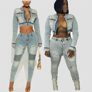 ZHEZHE Women Clothing Two Piece Set Vintage Denim Outfits Turn Down Collar Loose Fit Moto Skinny Jeans and Jacket Set for Women