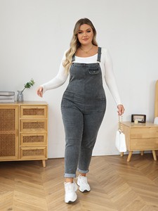 Women's High Waist Denim Jumpsuit Plus Size Casual Vintage Style Summer Overalls Straps Solid Pattern Washed Technique Wholesale