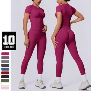 Seamless Knitted Short-sleeved Solid Color Three-segment Waist Peach-colored Buttocks Hip-raising Fitness Pants Yoga Set
