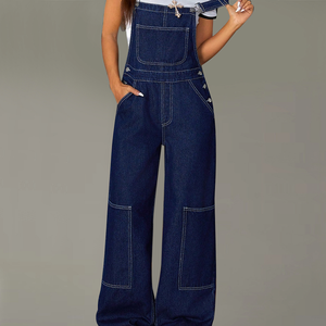 Dark Blue Button for Wash Polyester/Cotton Jumpsuit New Style Baggy Loose Denim Overalls High Waist Wide-Leg Casual Y2K