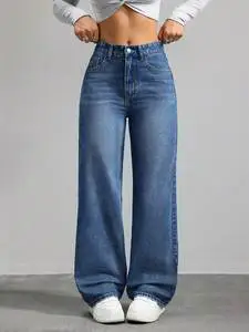 Women's High Waist Straight-Leg Denim Jeans Breathable Washable Casual Solid Hole Simple Vintage Woven for All for Winter Summer