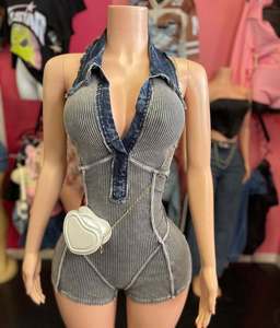 Women's Washed Stretchy Jean Romper Sexy Y2K Denim Overalls Casual Summer Jumper 2025 New Ribbed Denim Jumpsuit Shorts