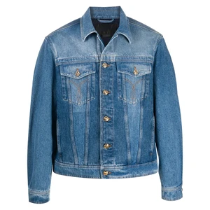 Wholesale Men's Blue Denim Vintage Hooded Safari Jacket with Embroidery Patchwork & Print Customizable Jean Style