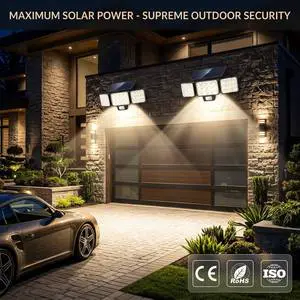 Solar Security Light Outdoor Motion Sensor Flood Light 3 Head Adjustable IP65 Waterproof Wall Lamp Premium Garden Light