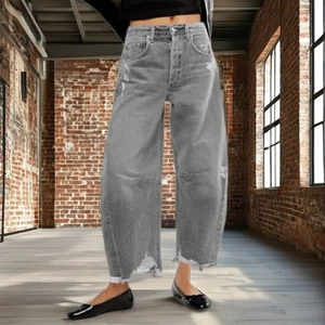 Trendy Washed Softener Wide Leg Mid Waist Loose Fit Plaid Plus Size Women's Oversized Elastic Breathable Casual Hip Hop Jeans