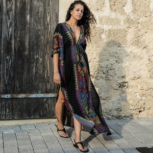 Printed Beach Cover-Up Sexy Front and Back V-Neck Long Robe Style Vacation Sun Protection Shirt Bikini Cover-Up